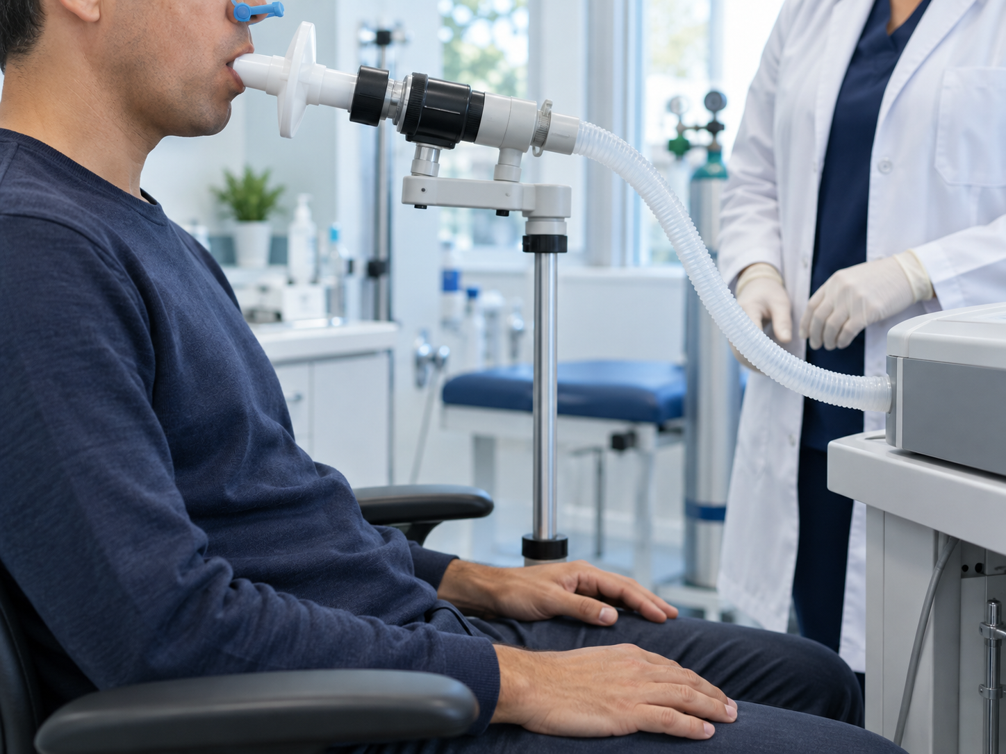 Paciente realizando teste de difusão pulmonar